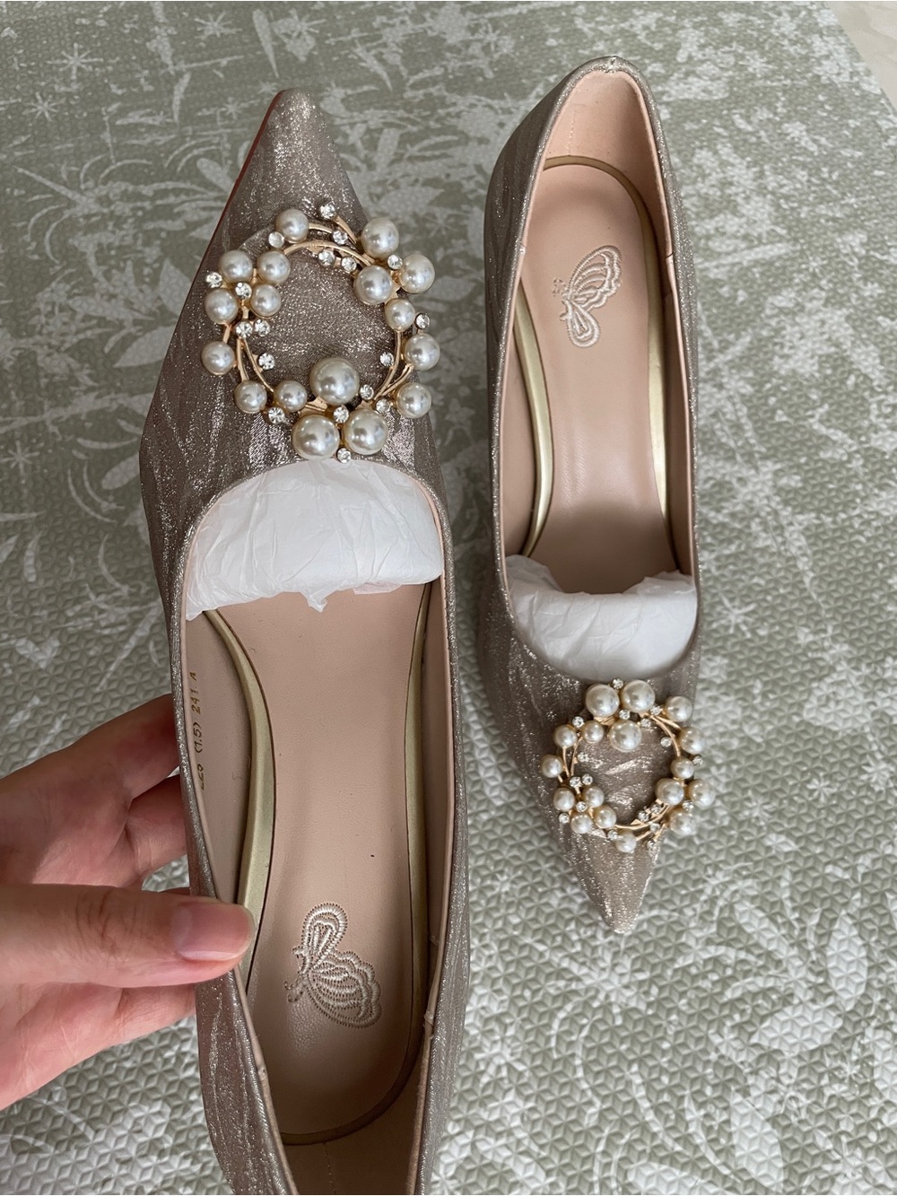 Elegant Pearl-Embellished wedding heels in Champagne